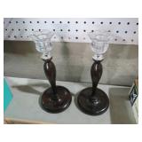 PAIR OF WOOD BASE GLASS TOP CANDLE STICK STANDS