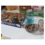 METAL SERVING TRAY, BLUE JAR, AND BRANDY GLASSES