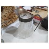 VINTAGE RIBBED GLASS PITCHER WITH METAL RIM