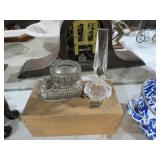 COLLECTION OF METAL BANK, PERFUME, AND WOOD BOX