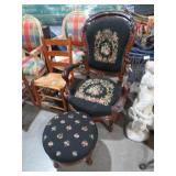 NEEDLEPOINT CARVED CHAIR & OTTOMAN