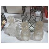 BEVELED GLASS TISSUE BOX AND 3 DECANTERS
