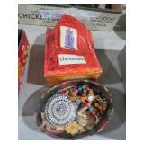 VINTAGE CHESSMEN AND BOX OF MISC JEWELRY PIECES