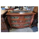 ORNATE WOODEN THREE-DRAWER CHEST WITH STONE INLAY