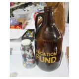 JAR OF BUTTONS AND BROWN GLASS JUG