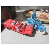 VINTAGE RUBBER MOTORCYCLE AND FIRE ENGINE TOYS
