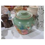 VINTAGE GREEN HAND-PAINTED CERAMIC JAR WITH LID