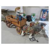 VINTAGE 24IN PORCELAIN HORSE PULLING WOODEN CART