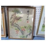 FRAMED ASIAN EAGLE AND FLORAL ARTWORK