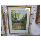 FRAMED WATERCOLOR CHURCH LANDSCAPE PRINT