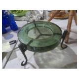 GREEN GLASS BOWL WITH WROUGHT IRON STAND