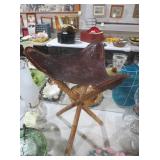 VINTAGE LEATHER AND BAMBOO FOLDING TRIPOD STOOL