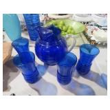 COBALT BLUE GLASS PITCHER AND FOUR GLASSES SET