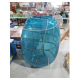 BLUE GLASS VASE WITH WHITE GRID PATTERN