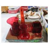 COLLECTION OF VINTAGE RED GLASS VASES AND DECOR