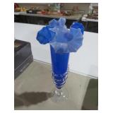 BLUE OPALESCENT RUFFLED RIM GLASS VASE