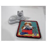 CERAMIC CAT FIGURINE AND DECORATIVE TRIVET SET