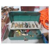 VINTAGE GREEN METAL FISHING TACKLE BOX WITH LURES