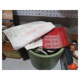 GREEN STONEWARE PLANTER WITH VINTAGE BANK CASHBAGS