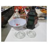 METAL LANTERN, HOLIDAY BOWL, AND GLASS BASES