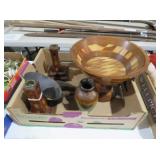 DECORATIVE WOOD BOWL, VASE, AND CANDLE HOLDERS