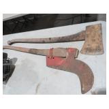 VINTAGE WOODEN HANDLE AXE AND BRUSH HOOK SET