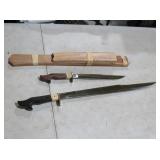 TWO FILIPINO STYLE BOLO KNIVES WITH WOODEN SHEATH