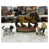 3 Ceramic Figures Lion, Bird, Cat. Vintage.