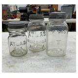 3 Atlas Mason Jars w/Lids, Vintage Glass