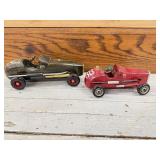 2 Wood Painted Race Car Toys, Red & Brown