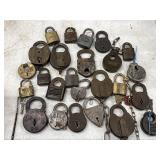 25 VINTAGE PADLOCKS, BRASS, ALL SIZES.