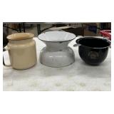 2 Enamelware Pieces Spittoon, Pitcher, Ash Tray