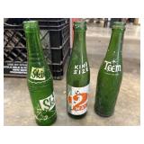 Three Vintage Green Glass Bottles, Ski, 2Way, and
