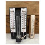 2 VINTAGE THERMOMETERS, WALL HANGING, BLACK