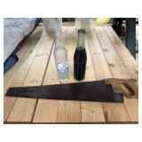 Vintage Hand Saw & Two Soda Bottles
