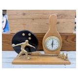 Wooden Bowling Table Clock w/Bowler, Ball, & Pins