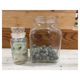 2 Glass Jars of Marbles and Sea Glass Shards
