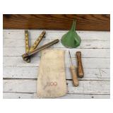 Green Enamel Funnel, Folding Ruler, Ice Pick,