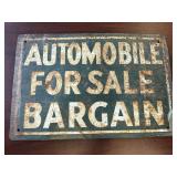 Metal vintage ï¿½AUTOMOBILE FOR SALE BARGAINï¿½ sign.
