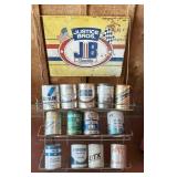 Justice Brothers vintage oil can metal shelf.