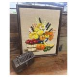 Framed Floral Crewel Embroidery & Brass Cricket