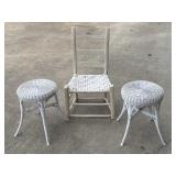 2 White Wicker Stools and Wicker Chair