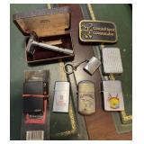 6 ZIPPO LIGHTERS, VINTAGE RAZOR, BRASS BUCKLE
