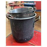 3 LARGE STOCK POTS. STAINLESS STEEL, USED