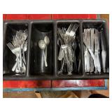 FORKS, SPOONS, KNIVES WITH DIVIDER CADDY. USED.