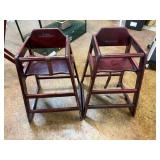 TWO DARK WOOD BABY HIGH CHAIRS FOR RESTAURANTS,