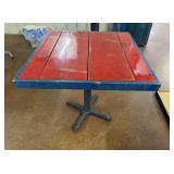 BLUE RIM- RED TOP Square Table with Cast Iron Base