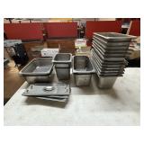 19 STAINLESS STEEL FOOD STEAM PANS AND 3 LIDS