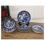 15 Blue willow Saucers, and Various Size Bowls.