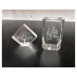 Two laser-etched 3D crystal cube paperweights